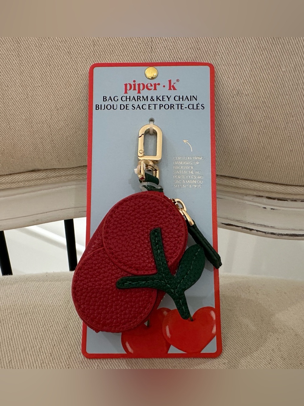 Piper K Viral Red Cherry Key & Bag Charm with Green Leaf & Zip Pouch NWT
